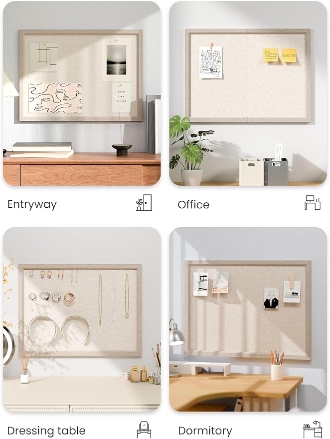 Fluxynara 23.6" x 17.1" Felt Frame Bulletin Board, Oatmeal | Cork Board Alternative with 12 Removable Adhesive Tabs, Foldable Pin Board for Wall, Home, Office, Classroom & Dorm