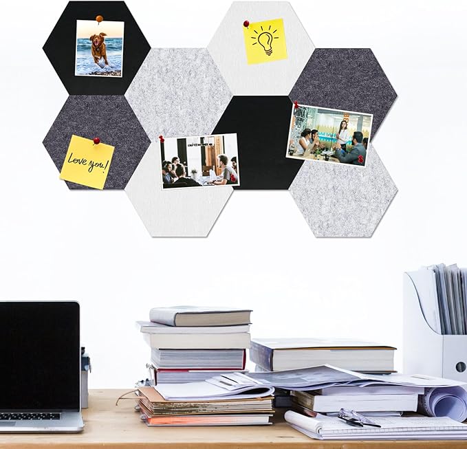 Large Hexagon Felt Cork Board Tiles, Self Adhesive DIY Felt Bulletin Board Pin Board with 35 Pushpins for Office School Home Wall Decor(Black+Deep Grey+Light Grey)