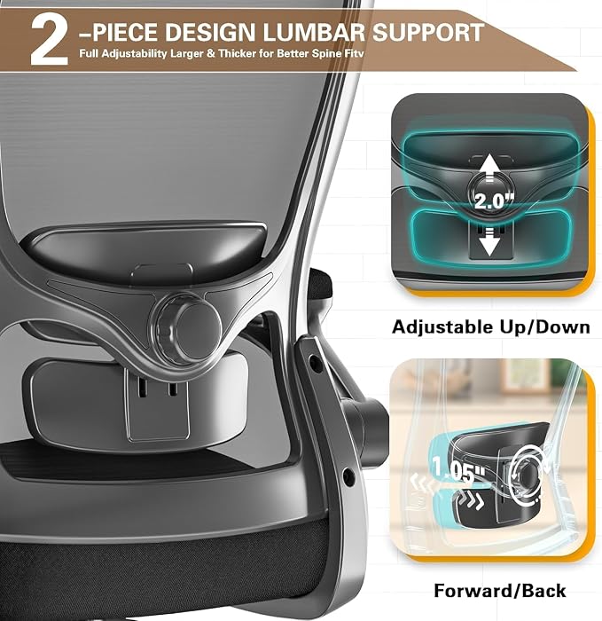 Ergonomic Office Chair for Long Hours, Adjustable Padded Lumbar Support for Lower Back Relief, 330 lb Capacity, Comfortable Computer Desk Chair for Home Office, Work & Study