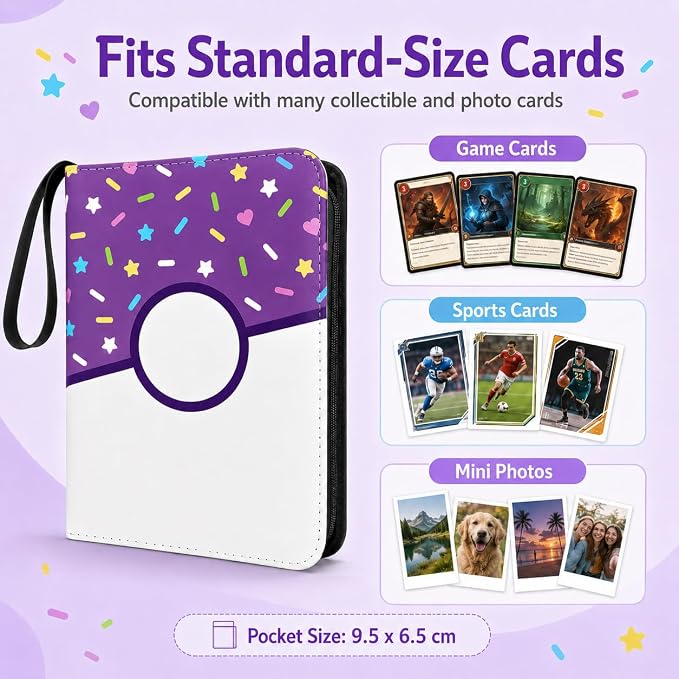 4 Pocket Card Binder 400 Card Holder Album, Purple Donut Trading Cards Holder Zipper Binder for Girl Teen Collection (Purple Donut, 400 Pocket)