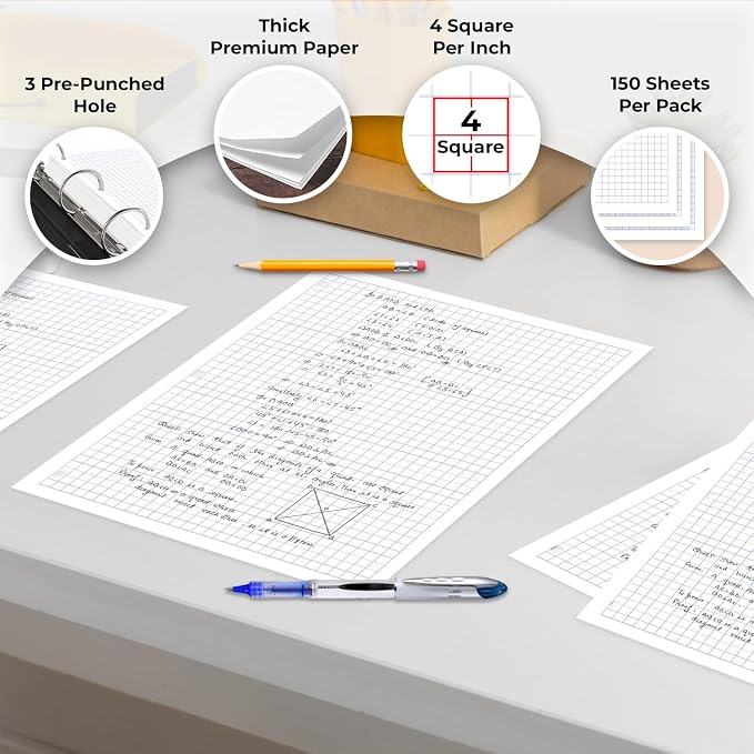 6750 Sheets Loose Leaf Paper Bulk, 45 Pack, Graph Paper Bulk | Bulk Grid Paper, 4x4, 8" x 10.5", Thick Graphing Paper, Fights Ink Bleed, 3 Hole Punched, Quad Ruled Sheets, Bulk Supplies
