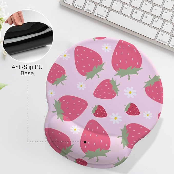 Cute Strawberry Mouse Pad with Gel Wrist Support, Smooth Surface Ergonomic Mouse pad, Non-Slip Pain Relief Desk Mat for Gaming, Work & Office Desktop