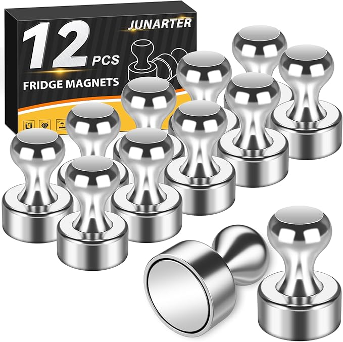 12 Pack Magnetic Push Pins, Silver Strong Fridge Magnets | Whiteboard Magnets, Refrigerator Magnets, Dry Erase Board Magnets for Fridge, Whiteboard, Office, Classroom, Kitchen, Map