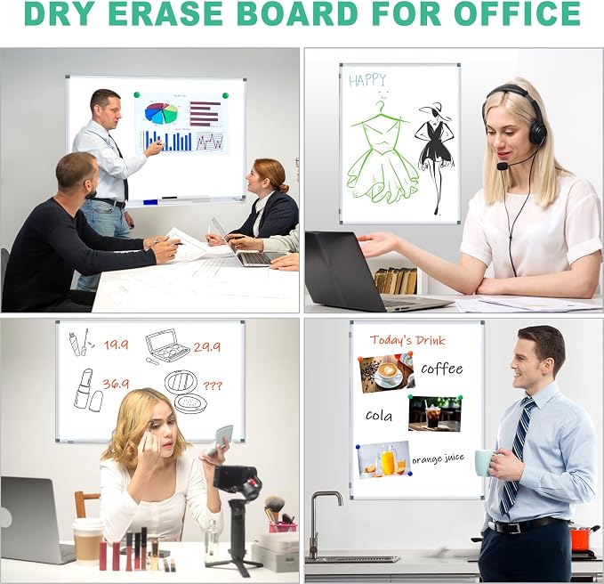 3' x 2' Whiteboard Dry Erase White Board for Wall 36x24 (2pcs) Magnetic Boards for Office Classroom & Home, Small Wall Whiteboard Including 6 Markers, 20 Magnets, 2 Erasers