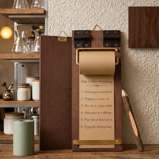 Vintage Wood Clipboard Wall Memo Board, Roller Paper Dispenser & Pen | Includes 2 paper rolls & wooden ballpoint pen, built-in metal cutter. Fits kitchen, café & home office for daily reminders.