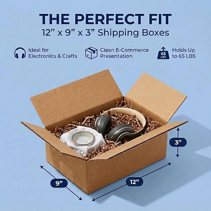BOX USA 1293 Flat Corrugated Cardboard Box 12" L x 9" W x 3" H, Kraft, For Shipping, Packing and Moving (Pack of 25)