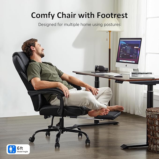 Office Chair, Big and Tall Office Chair with Foot Rest Ergonomic Chair for Home Desk, Reclining High Back Leather Chairs with Lumbar Support(Black)
