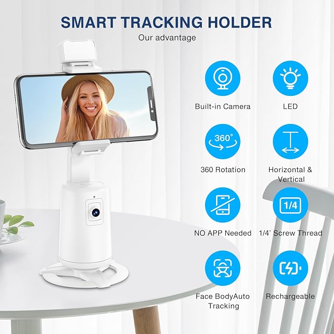 Auto Face Tracking Tripod 360° Rotating Cell Phone Photo and Video Kits Stand, No App, Camera Stand with Remote and Gesture Control, Rechargeable Smart Shooting Stand for Live Recording Tiktok（White）