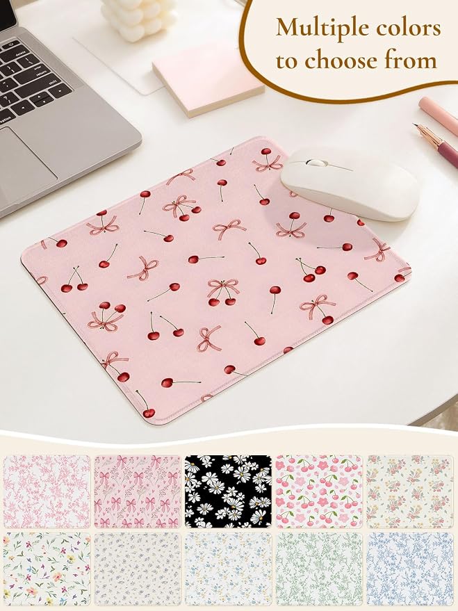Cute Cherries Mouse Pad, Waterproof Aesthetics Bowsknot Mouse Pads Design, Non-Slip Rubber Base Computer Simple Funny Mousepad,Small Mouse Mat Desk Accessories Office Supplies,Red Cherry Pink