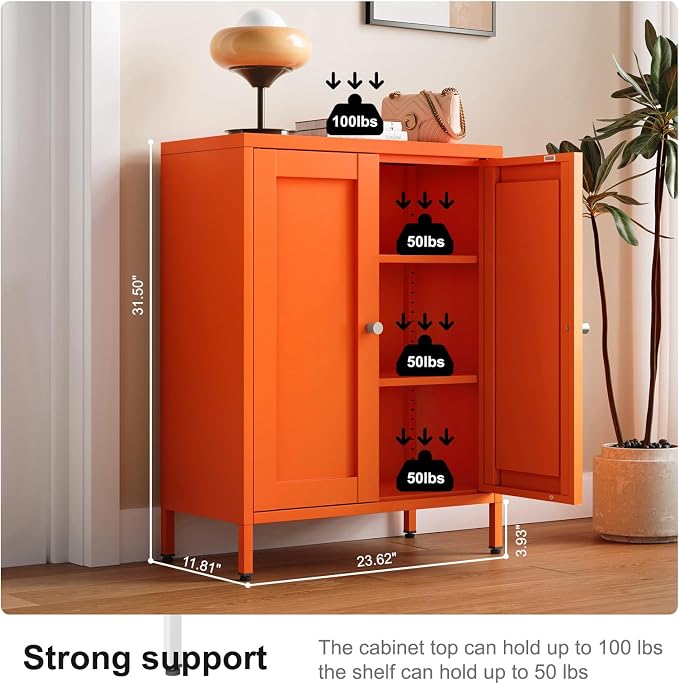 Bevivog Small Bathroom Storage Cabinet, Orange Metal Locker with 2 Doors and 2 Adjustable Shelves, Small Locker Cabinet Sideboard for Home Office, Living Room, Hallway, Entryway