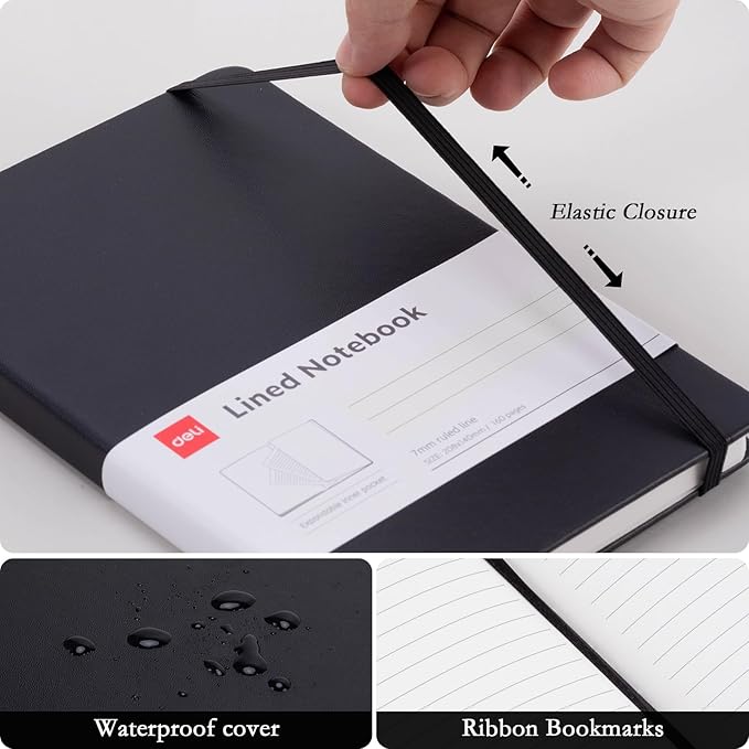 deli A5 Lined Journal Notebook, 160 Pages Hardcover Writing Notebook, 5.5"x8.2" College Ruled Notebook for Office, School, Work Notes (Black)