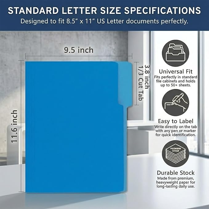 150 Packs File Folder,Blue Paper Folders 1/3-Cut Tabs,Letter Size File Folder,8.5x11 Inch Manilla File Folders for Office Filing,School Projects and Home,Organizer Documents