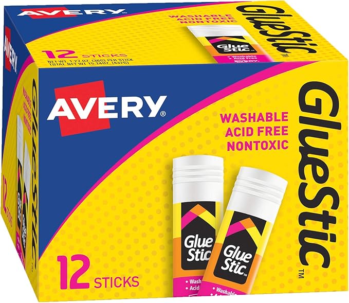 Avery Glue Stick White, Washable, 1.27 oz. Permanent Glue Stic, 12pk (00196)