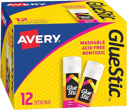 Avery Glue Stick White, Washable, 1.27 oz. Permanent Glue Stic, 12pk (00196)