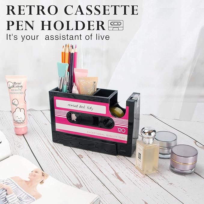 Aobopar Cute Tape Dispenser, Pink Tape Dispenser Desk, Office Desktop Tape Dispenser, Funny Novelty Tape Dispenser Pen Holder, Retro Cassette 80'S Desk Accessory Organizer