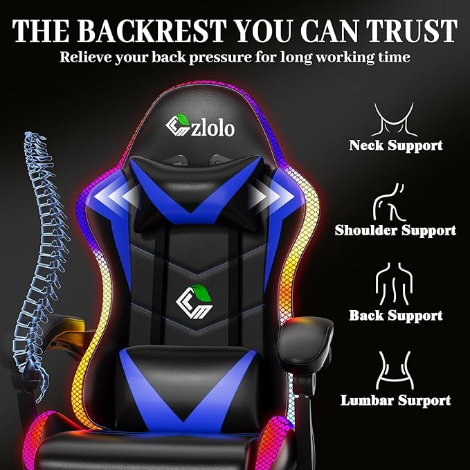 Gaming Chair, RGB LED Lights Computer Chair with Footrest, Lumbar Support Massager Gamer Chair, High Back, 90-135° Reclining, Linkage Armrests, Blue
