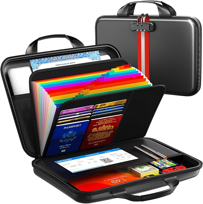 Fireproof Accordion File Organizer with Lock,Hard-Shell Fireproof Document Box with 13 Pockets for Certificates, Passports Laptop Important Documents Portable Home Office Travel Safe Storage