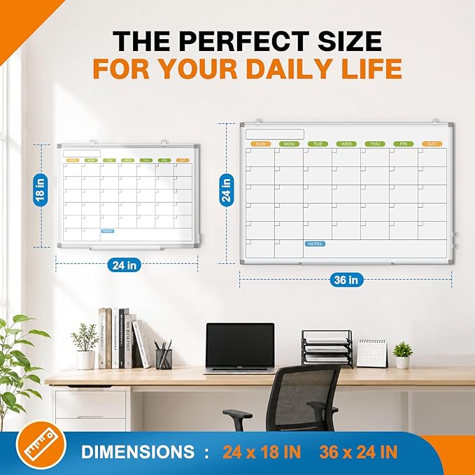 24" x 18" Magnetic Monthly Dry Erase Whiteboard Calendar for Wall | Double-sided & Smooth Writing Calendar White Board Hanging Aluminum Frame, Home, School, Office