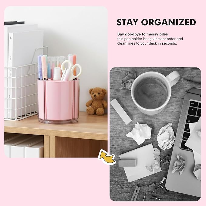 Comix 360° Rotating Pen Holder for Desk, Pencil Holder with 5 Slots, Cute Pink Plastic Desk Organizer for Home School Office Supplies
