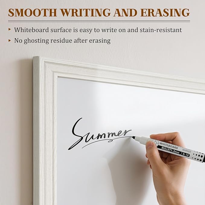 White Board for Wall, 24'' x 18'' Magnetic Dry Erase Board, Vintage White | Wooden Frame, Decorative Whiteboard, Wall Mounted, for Home, Office, Kitchen, Dorm, 4 Markers, 6 Magnets, A Eraser