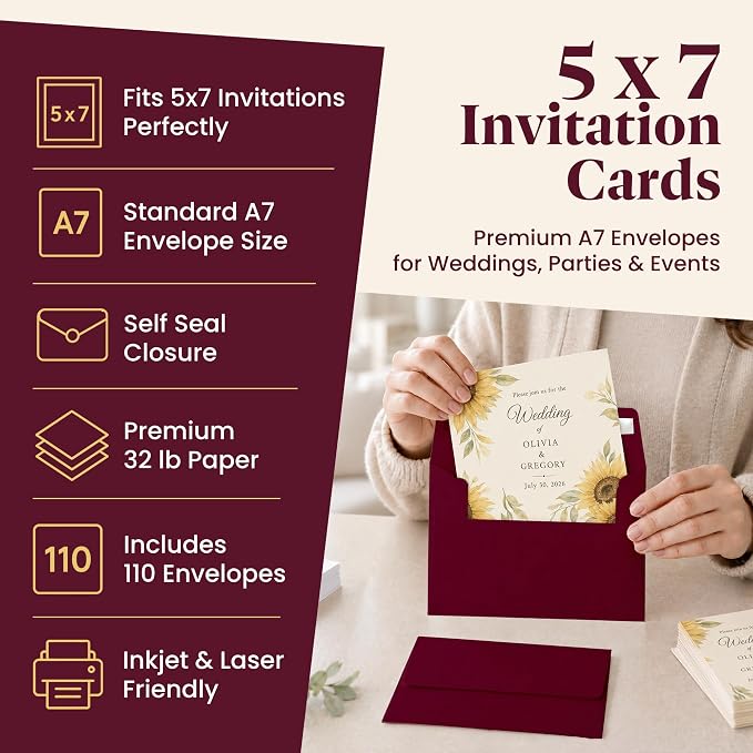 110 5x7 Burgundy Invitation Envelopes - for 5x7 Cards - A7 - (5 ¼ x 7 ¼ inches) - Perfect for Weddings, Graduation, Baby Shower - 120 GSM - Peel, Press & Self Seal - Square Flap