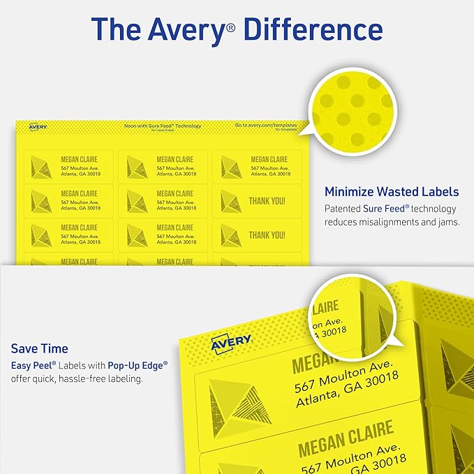 Avery Printable Address Labels with Sure Feed, 1" x 2-5/8", Neon Yellow, Laser & Inkjet Compatible, 750 Blank Labels Total, Great for Branding, Mailing, Organizing, and More (5972)