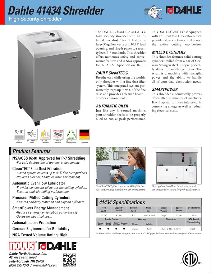 DAHLE CleanTEC 41434 Paper Shredder w/Air Filter, P-7 Super Micro Cut, NSA/CSS 02-01, German Engineered, Jam Protection, Auto Oiler, 8 Sheet Max
