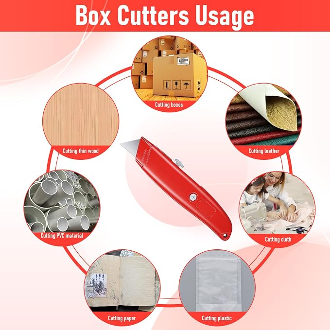 12pcs Utility Knife Retractable Box Cutter Bulk,Heavy Duty Aluminum Boxcutter Package Opener Cutter Blade for Cardboard Plastics Cartons DIY Home Warehouse Office(Red)