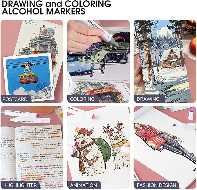 TRANSON Alcohol Markers for Drawing Coloring 48 Colors Dual-tip Fine and Chisel Tips