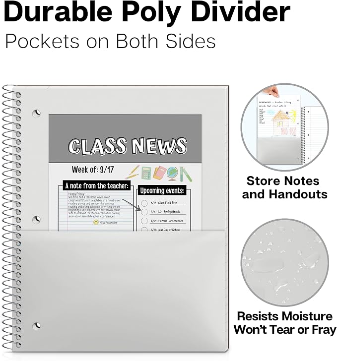 Dunwell 3-Pack Spiral Notebooks 8x10.5, Wide Ruled, Red/Blue/Black | 100 Sheets (200 Pages) Each, Wide Ruled Paper, Divider with Pockets, 3-Hole Punched & Perforated Pages, 3-Pack