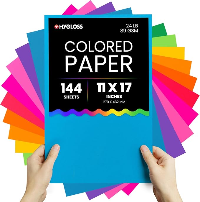 Hygloss Assorted Bright Colored Paper - 24 lb, 89 GSM, Acid-Free, Fade-Resistant, 11x17-Inch Ledger Size Color Copy Paper, 144 Sheets, 12 Colors