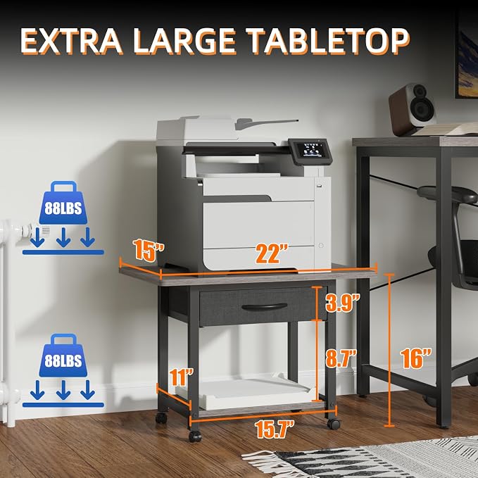 YAOHUOO 22"x15" Large Printer Stand with Drawer, 2-Tier Rolling Table Cart | Under Desk Printer Table,Storage Fabric Drawer,Fit printer/fax/3d/scanner,4 Lock Wheels or Feet,For Home Office Dorms,Gray