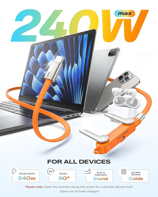 LOOHOI 240W Fast Charging USB-C to USB-C Cable with Built-in Phone Stand | Soft Silicone Invisible Stand Fast Charging Cord for Gaming, Desk Setup & Hands-Free Viewing (5FT, Orange)