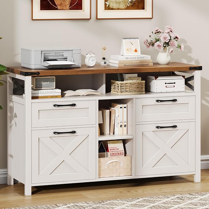 Halitaa File Cabinet with Open Storage Shelf for Home Office, Off White | Farmhouse, Lateral Filing Organization Storage Cabinets, 4 Drawers, Adjustable Shelf, Hanging Files Letter/A4