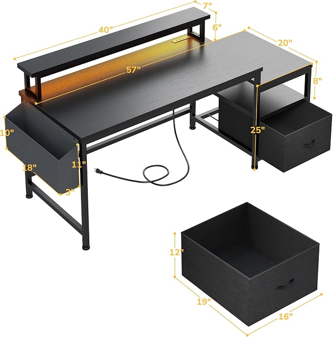 EnHomee 56.5" Office Desk with Drawers & Printer Space for Home Work,Black | Computer Desk with 3 AC Outlets& 2 USB Ports,40"*7" Long Monitor Stand,Side Pockets with Storage Space,Home Office,Bedroom