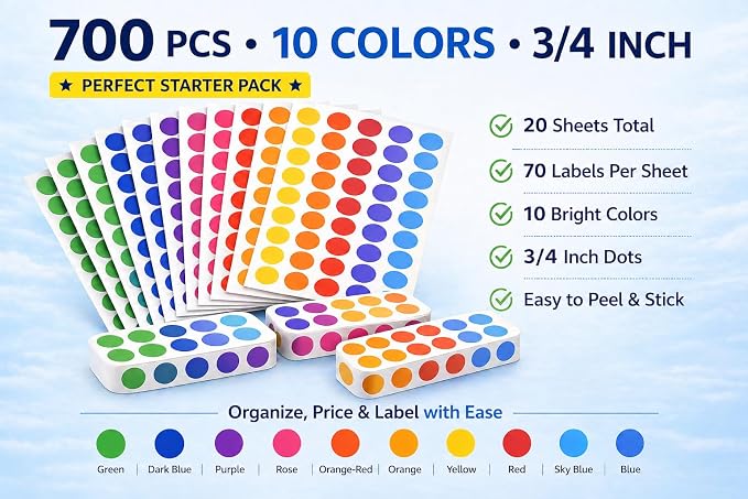 700 PCS Colored Dot Stickers, 3/4 Inch Round Color Coding Labels, Multi-Pack Circle Stickers for Classroom, Office Organization, Pricing, Inventory, Kids Crafts & Labeling Supplies
