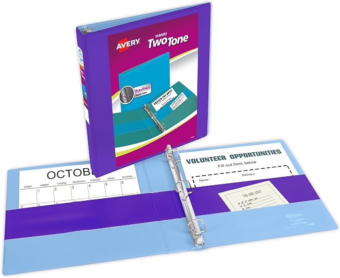 Avery® Two-Tone 3 Ring Binder, 1" Slant Rings, 1 Violet/Blue Binder | For School, Home and Office Organization, DuraHinge Tear-Resistant Spine, DuraEdge Split-Resistant Edges, Interior Pockets