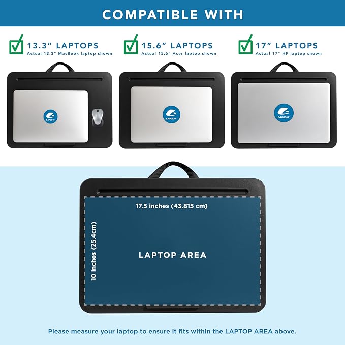 LAPGEAR The Original Lap Desk – Black, Fits 17" Laptops | Microbead Cushion, Device Ledge, Built-In Pencil Tray, Carry Handle