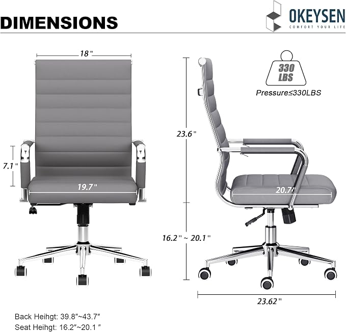 Okeysen Office Desk Chair, Ergonomic Leather Modern Conference Room Chairs, Executive Ribbed Height Adjustable Swivel Rolling Chair for Home Office Set of 1. (Grey)