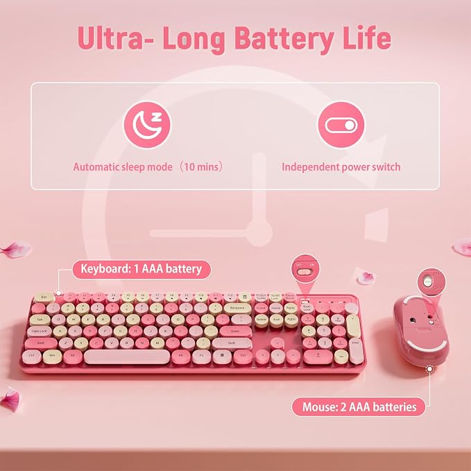 Wireless Keyboard and Mouse, Full-Sized Typewriter Keyboard Silent, Pink | USB Full-Sized Quiet Keyboard, Cute Colorful Round Keycaps, Plug & Play, Compatible with PC, Computer, Laptop