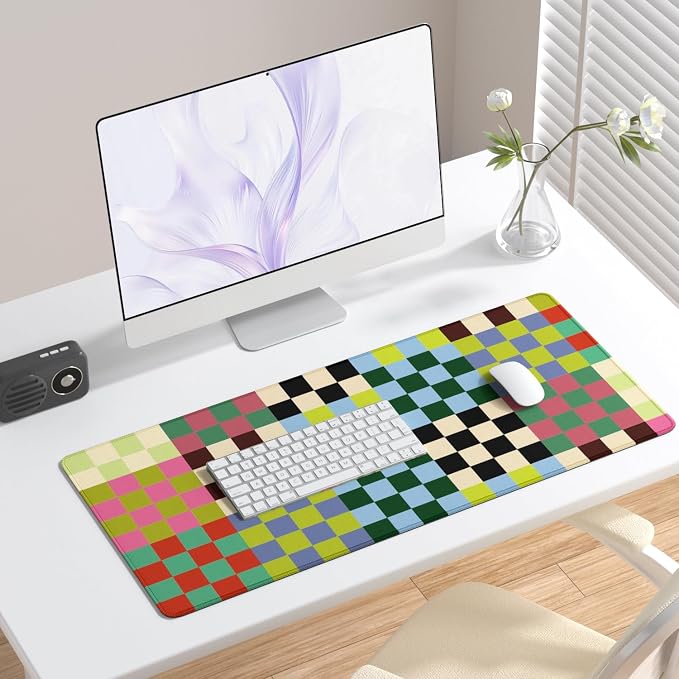 Desk Mat, Large Gaming Mouse Pad, 32" x 12", Cute Retro Checkered | Waterproof Desk Pad, Non-Slip Rubber Base, Desktop Mat with Stitched Edges, Desk Accessories for Office, Work, Home
