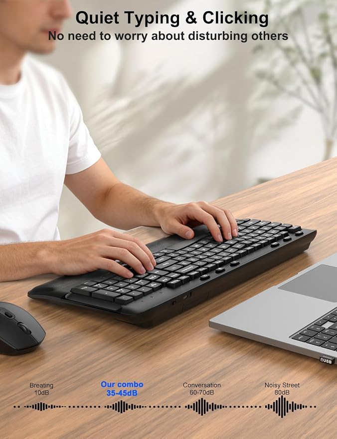 Wireless Keyboard and Mouse Combo, EDJO 2.4G Full-Sized Ergonomic Computer Keyboard with Wrist Rest and 3 Level DPI Adjustable Wireless Mouse for Windows, Mac OS Desktop/Laptop/PC, Carbon Black