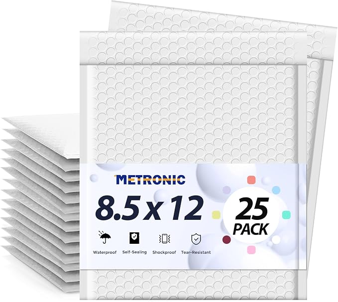 METRONIC Bubble Mailers 8.5x12" Padded Envelopes White 25 Pack Self Seal | Usable Size 8.5x11",Waterproof Shipping Mailers for Clothing,Books,Jewelry,Small Business,Cushioning Mailing Bags,Bulk