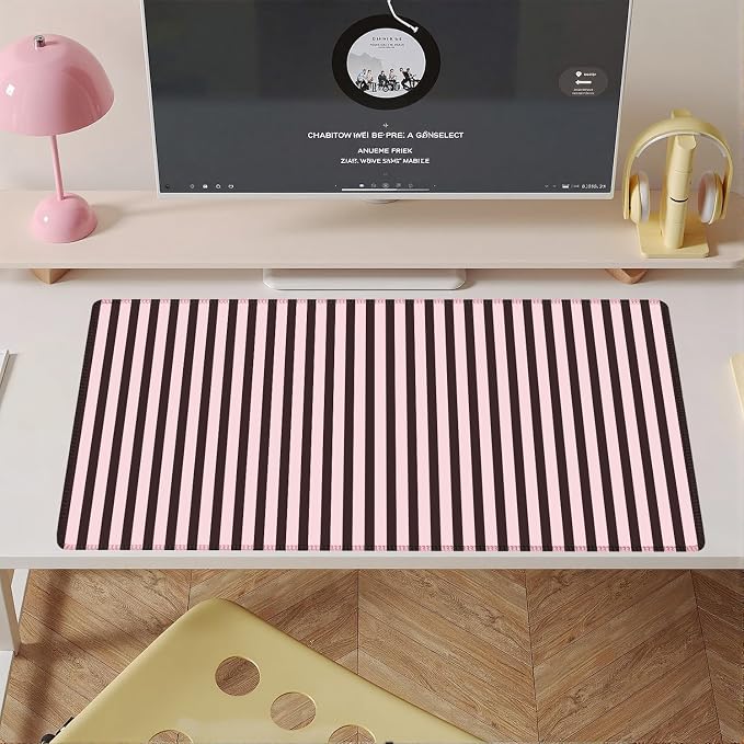 Dark Brown Pink Striped Desk Mat Cute Pastel XXL Large Gaming Mouse Pad Desk Pad Kawaii Cozy Aesthetic Keyboard Laptop Computer Mat Home Office Decor for Women