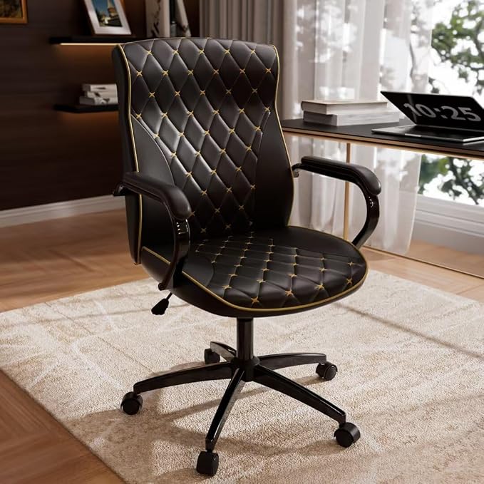 Black Office Chair, Luxury Leather Executive Desk Chair | Elegant Timeless Appeal, Vintage Mid Back Styling with Wheels and Padded Arms, Thick High Density Foam Comfort