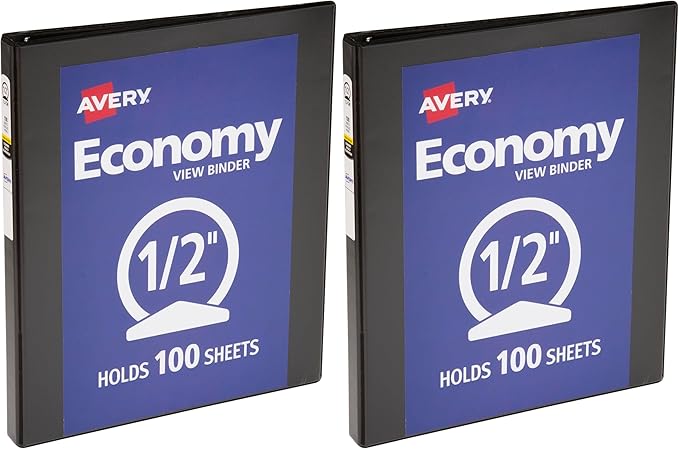 Avery Standard View 3 Ring Binder,0.5" Round Rings,100-Sheet Capacity,0.7 Inch Wide Spine,1 Black Binder,Ideal for Lightweight Organization and Occasional Referencing (05751),(Pack of 2)