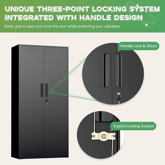 Metal Storage Cabinet with Lock, 72" H Lockable Metal Storage Cabinet with Locking Doors, Steel Storage Lockers with Adjustable Shelves for Office, Home, Garage, Gym, School (Black)