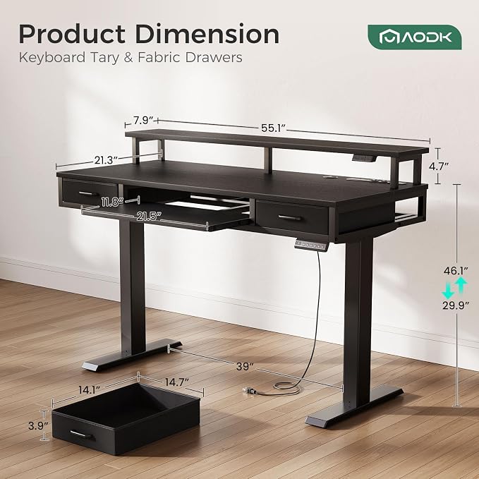 AODK 55 Inch Electric Standing Desk with Drawers & Keyboard Tray, Black | Power Outlet, LED Lights, Monitor Stand, Cable Management Tray, 3 Memory Heights, 29.9"-46.1" in Range