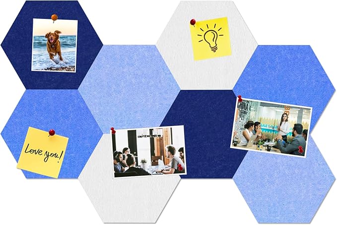 Large Hexagon Felt Cork Board Tiles, Self Adhesive DIY Felt Bulletin Board Pin Board with 35 Pushpins for Office School Home Wall Decor Stickers Memos Photos Display(Gradual Blue)