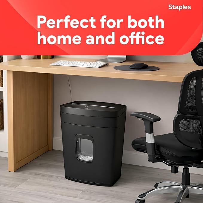 Staples 12-Sheet Micro-Cut Paper Shredder, High-Security, Anti-Jam, Black | Shreds credit cards and documents for home or office. Jam-resistant micro-cut design.